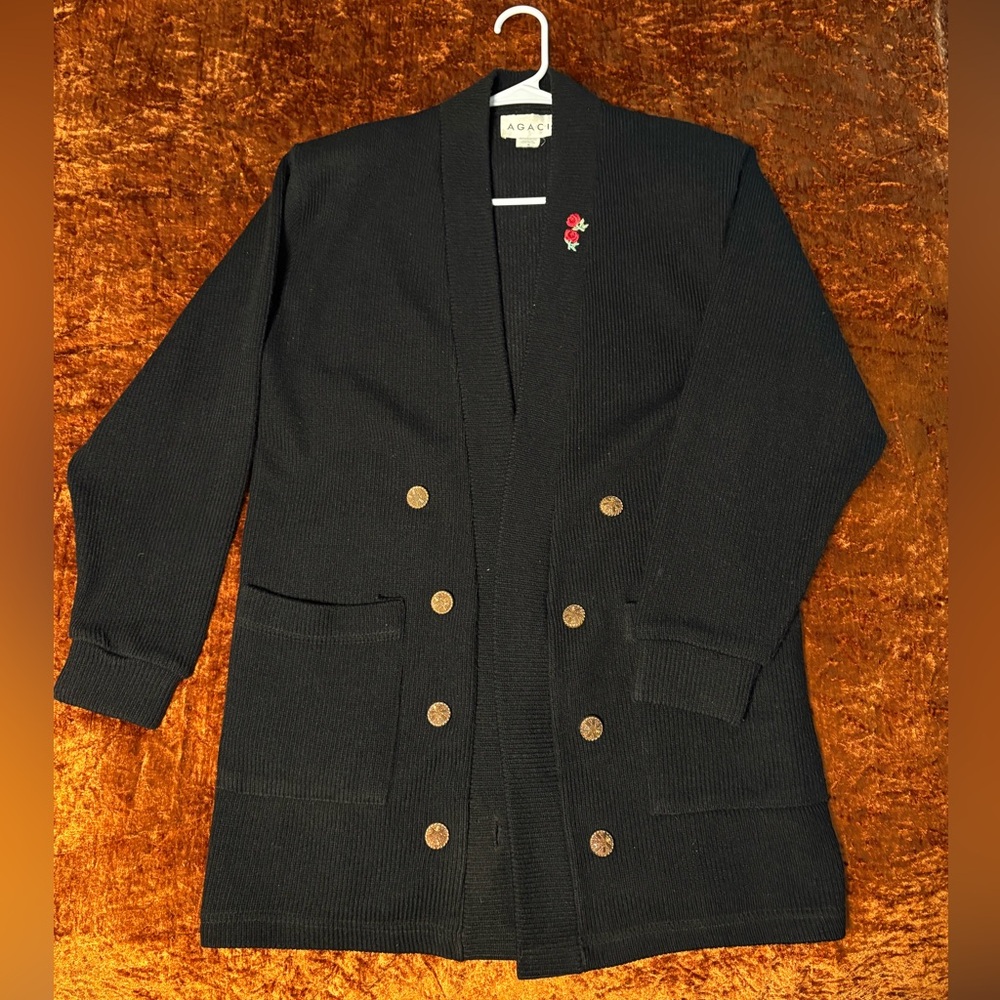 Vintage Black Double-Breasted Cardigan with Rose Embroidery